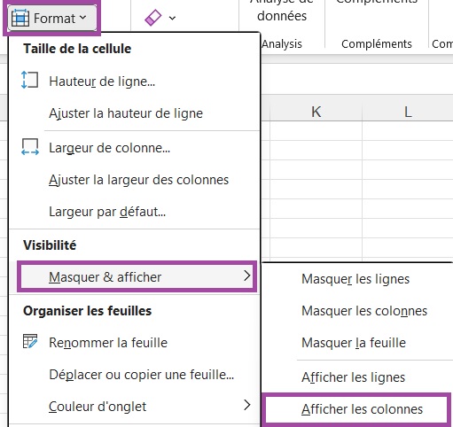 Menu Format sur Excel pour afficher les colonnes masquées