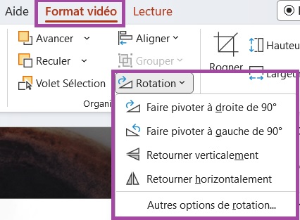 Menu Format vidéo sur PowerPoint pour pivoter la vidéo