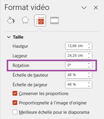 Menu Format vidéo de PowerPoint pour pivoter la vidéo selon le degré de rotation choisi