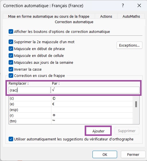 Menu correction automatique sur PowerPoint pour insérer une racine carrée