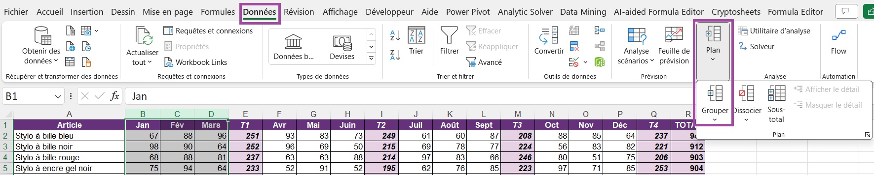 Menu plan pour grouper les colonnes sur Excel