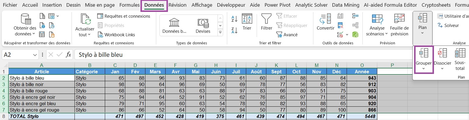 Menu Grouper sur Excel pour les masquer les lignes