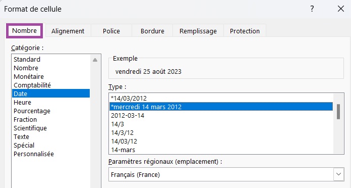 Menu format de cellule pour modifier le format de date sur Excel