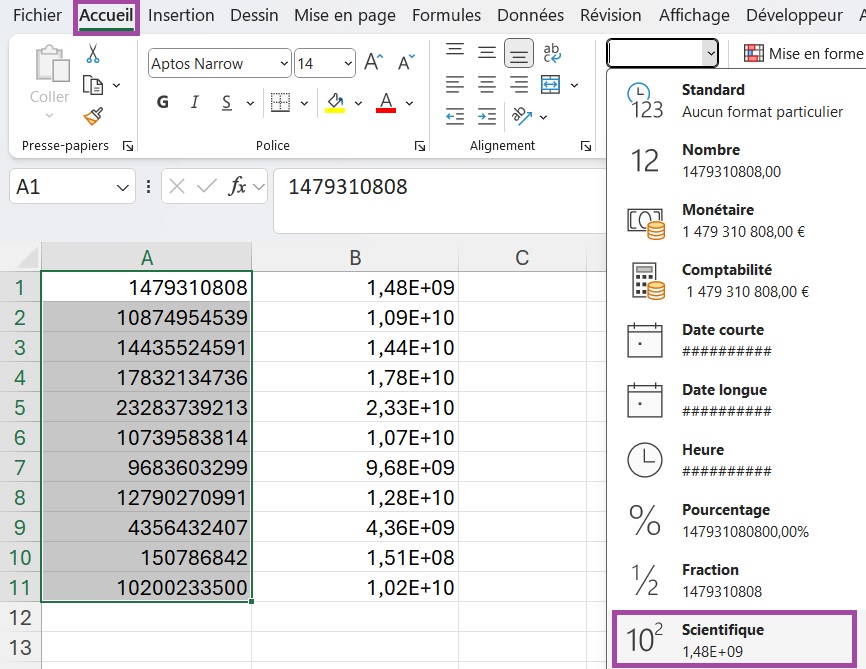 Menu format nombre de l'onglet accueil sur Excel avec le format scientifique entouré