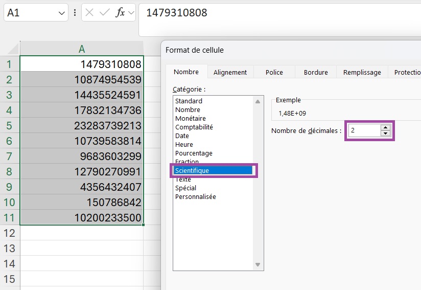 Boîte de dialogue Format de cellule sur Excel avec catégorie Scientifique entourée.