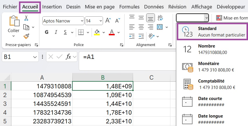 Bouton format de cellule de l'onglet Accueil sur Excel avec le format Standard entouré
