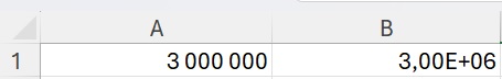 Résultat de la saisie de 3000000 sous format scientifique sur Excel