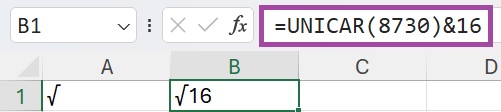 Fonction unicar sur Excel pour insérer la racine carrée
