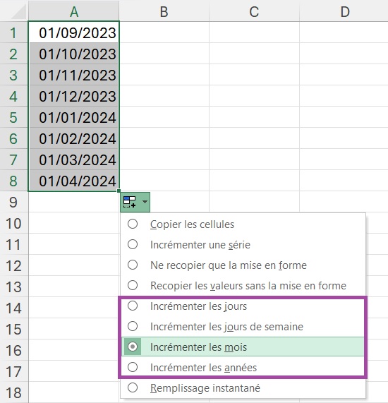 Faire suivre les dates sur Excel avec options de remplissage