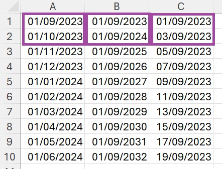 Dates qui se suivent sur Excel selon le pas de un mois, une année et tous les deux jours