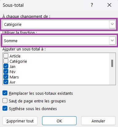 Fenêtre de dialogue Sous-total sur Excel avec la fenêtre A chaque changement de et Utiliser la fonction entourées.