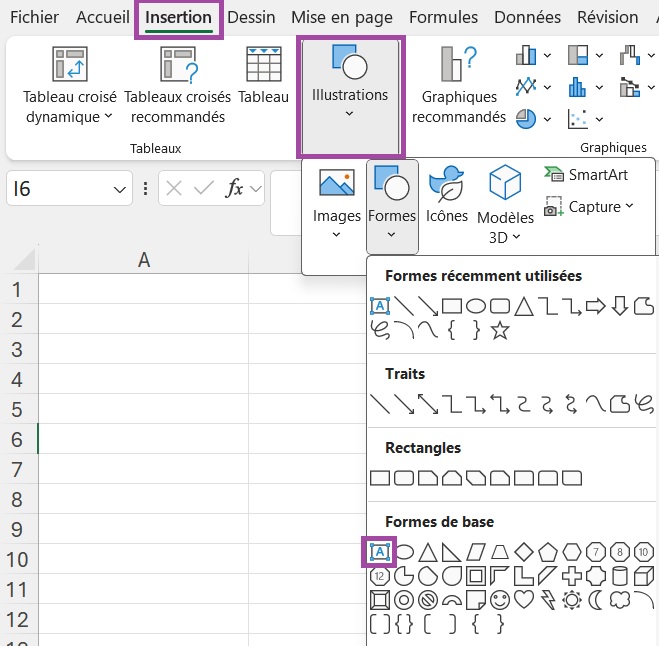 Menu Insertion de formes sur Excel avec l'icône de zone de texte entourée. 
