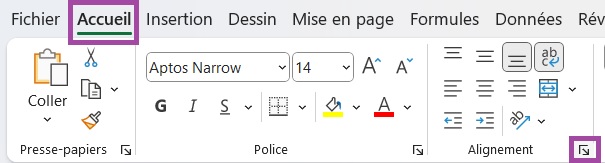 Ruban d'Excel avec le menu Paramètres d'alignement entouré