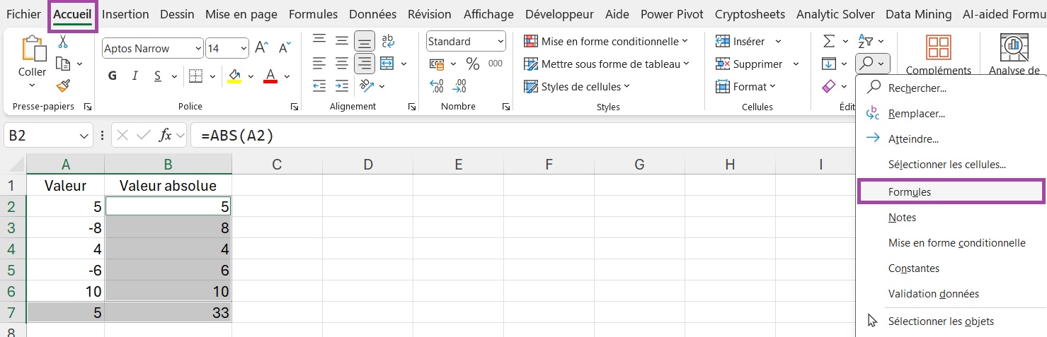 Menu rechercher les formules sur Excel