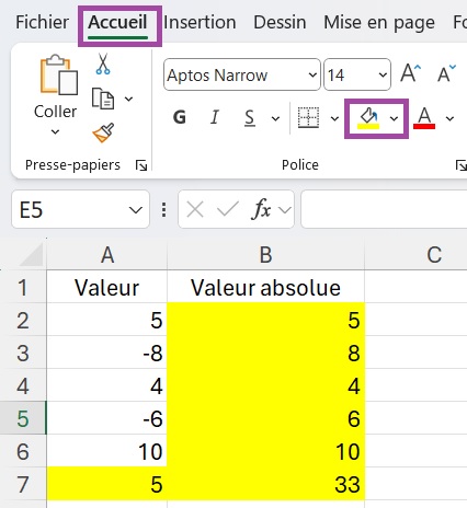 Option couleur de remplissage sur Excel
