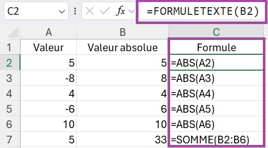 Formule formuletexte appliquée sur des cellules Excel 