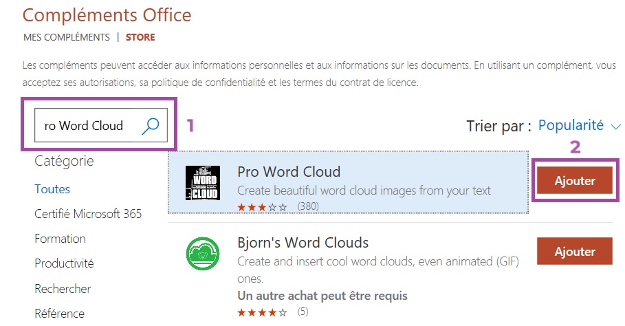 Fenêtre compléments Office sur PowerPoint avec l'extension Pro Word Cloud.