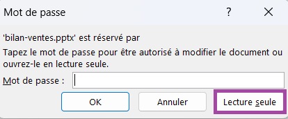 Fenêtre de dialogue Mot de passe sur PowerPoint avec option lecture seule entourée. 