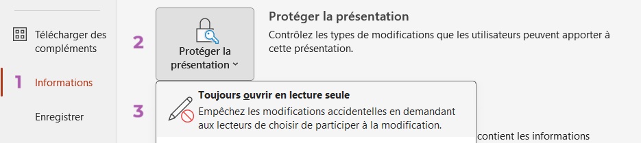 Menu Protéger la présentation de PowerPoint avec option toujours ouvrir en lecture seule mise en évidence. 