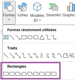 Menu Formes sur PowerPoint avec l'option Rectangles entourée.