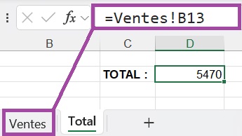 Une formule qui fait référence à une cellule dans un autre onglet Excel.