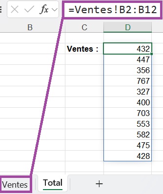 Une formule qui fait référence à une plage de cellules dans un autre onglet Excel.