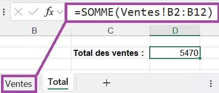 Formule Somme sur Excel faisant référence à un onglet.