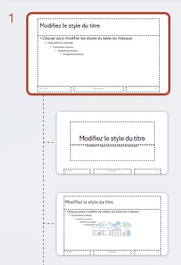 Capture d'écran de la trieuse de diapositives sur PowerPoint en mode masque avec la diapositive maîtresse sélectionnée. 
