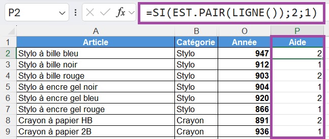 Tableau Excel avec une formule dans une colonne Aide qui ajoute 1 pour les  lignes impaires et 2 pour les lignes paires.