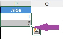 Colonne de données sur Excel avec chiffres 1 et 2 saisis. 