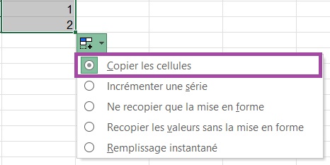 Menu contextuel Options de copie incrémentée sur Excel.