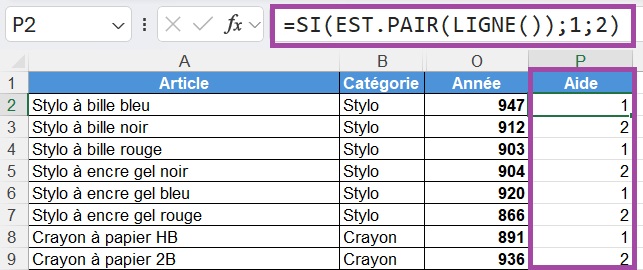 Tableau Excel avec une formule dans une colonne Aide qui ajoute 1 pour les  lignes paires et 2 pour les lignes impaires.